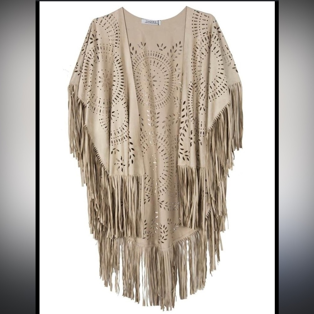898. NWT Boho western cowgirl Tan Fringe Open Front and sides cape kimonos - Picture 3 of 8